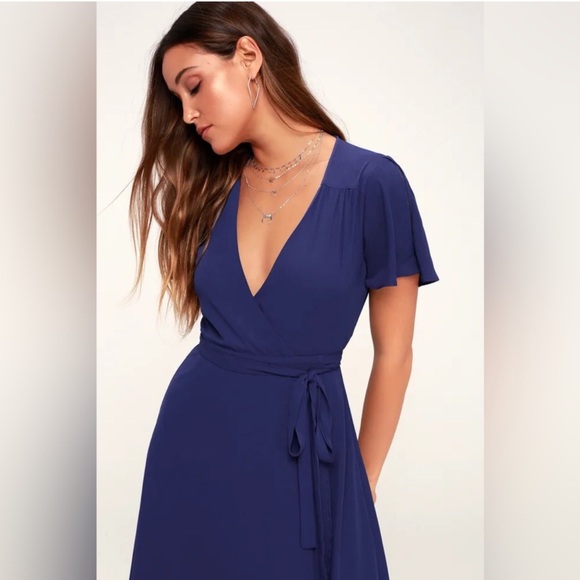 Lulu's Midi Wrap Dress Blue Size Large New - Picture 2 of 15